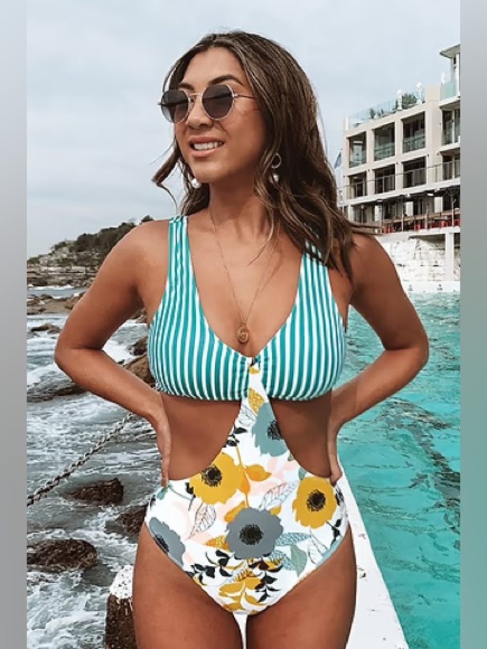 Cupshe Aqua Striped and Floral Cutout One-Piece Swimsuit